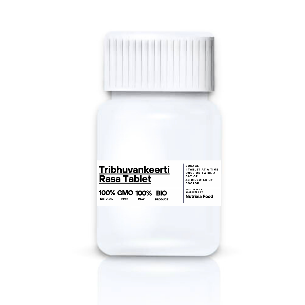 Tribhuvankeerti Rasa Tablet Tri bhuvan kirti NutrixiaTribhuvankeerti Rasa Tablet Key Ingredients: Shuddha Hingul 1 part Shuddha Vatsanabh 1 part Shuddha Tankan 1 part Shunthi 1 part Maricha 1 part Pippali 1 part Pippalimoola 1 part Bhavana -Ardraka Swarasa Tulsi Patra Swarasa Dhaturpatra Swarasa