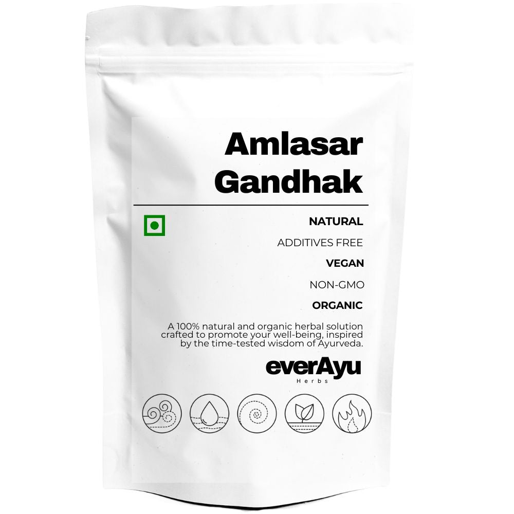 Amlasar Gandhak (Yellow Sulphur / Gandakam) – A purified natural mineral used traditionally in Ayurveda for cleansing and rejuvenation.
