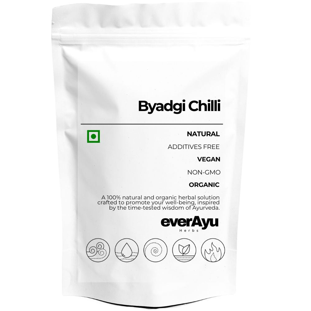 Byadgi Chilli (बेडगी मिर्च | Capsicum annuum L., Capsicum frutescens L.) – 100 % natural, sun-dried Indian red chilli pods with deep color and aroma.