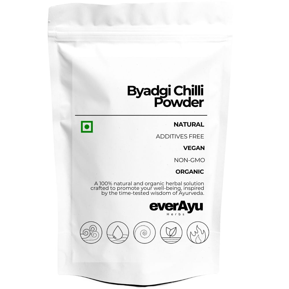 Byadgi Chilli Powder (बेडगी मिर्च पाउडर | Capsicum annuum) – 100% natural, mildly spicy red chilli powder known for its vibrant color and aroma.