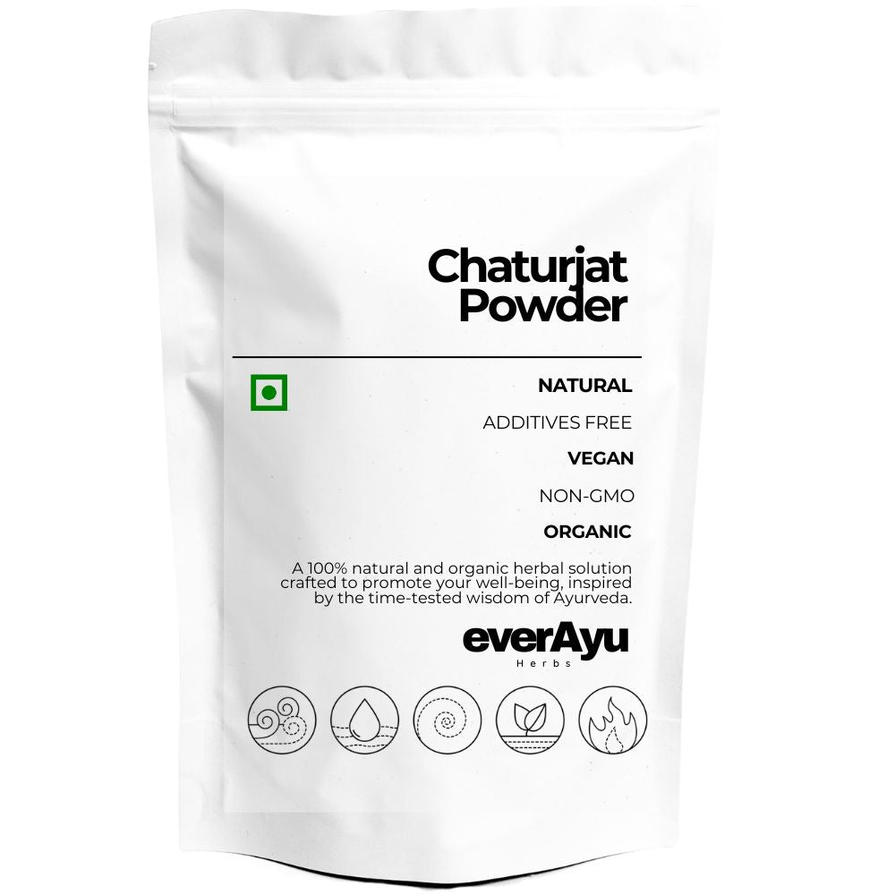 Chaturjat Churna (चतुरजत चूर्ण) – Traditional Ayurvedic blend of cinnamon, cardamom, bay leaf, and nagkesar for aroma and digestion.