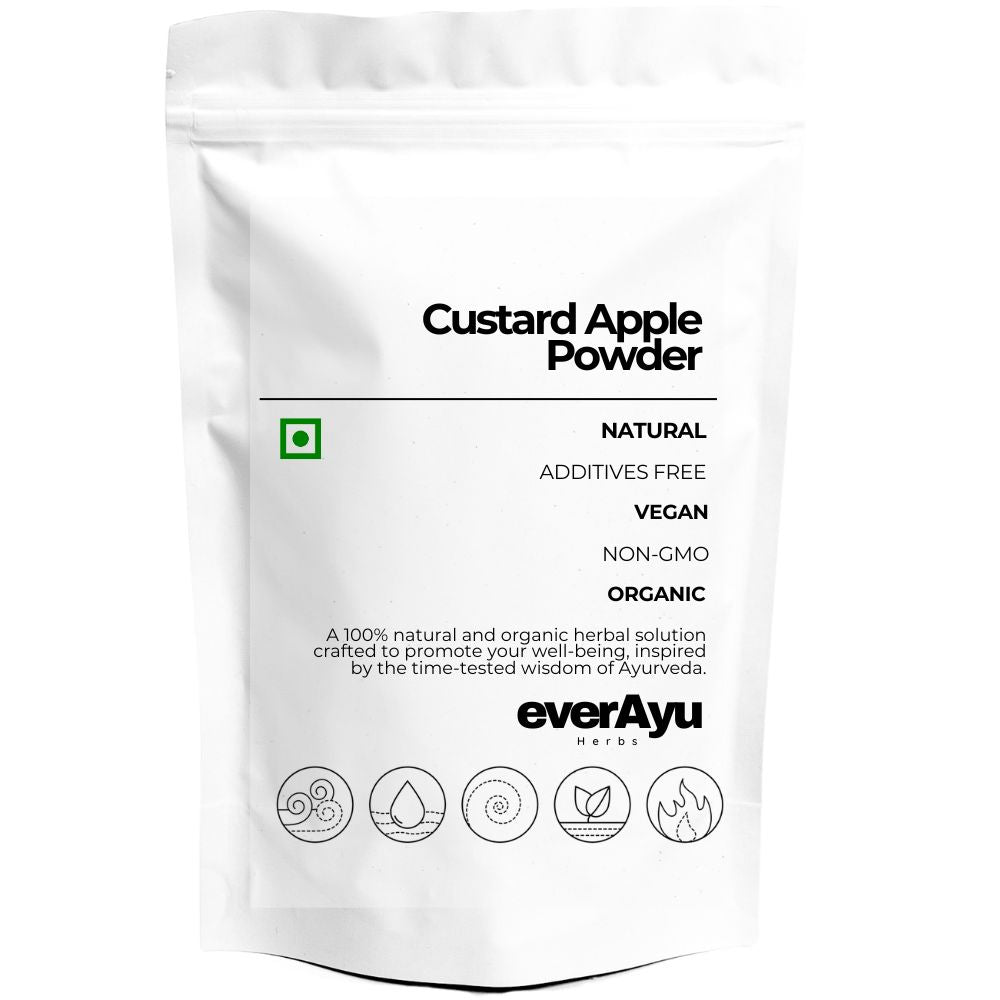“Custard Apple Powder (Annona squamosa / Sitaphal Powder / सीताफल पाउडर) – 100% pure and natural fruit powder, traditionally valued in Ayurveda for nourishment, desserts, and household remedies.”