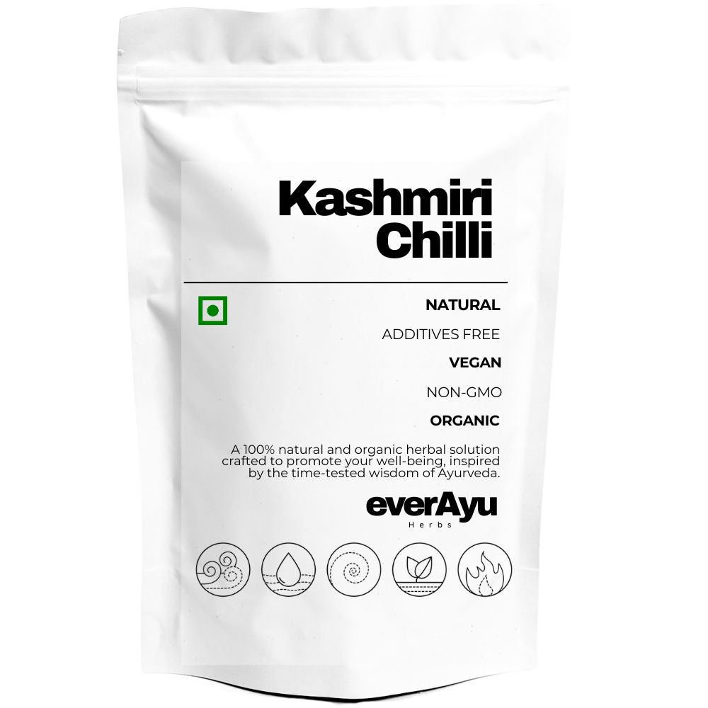 Pure Kashmiri Chilli (Capsicum annuum) – Bright red, mild, and aromatic Indian spice used for color, flavor, and culinary richness.