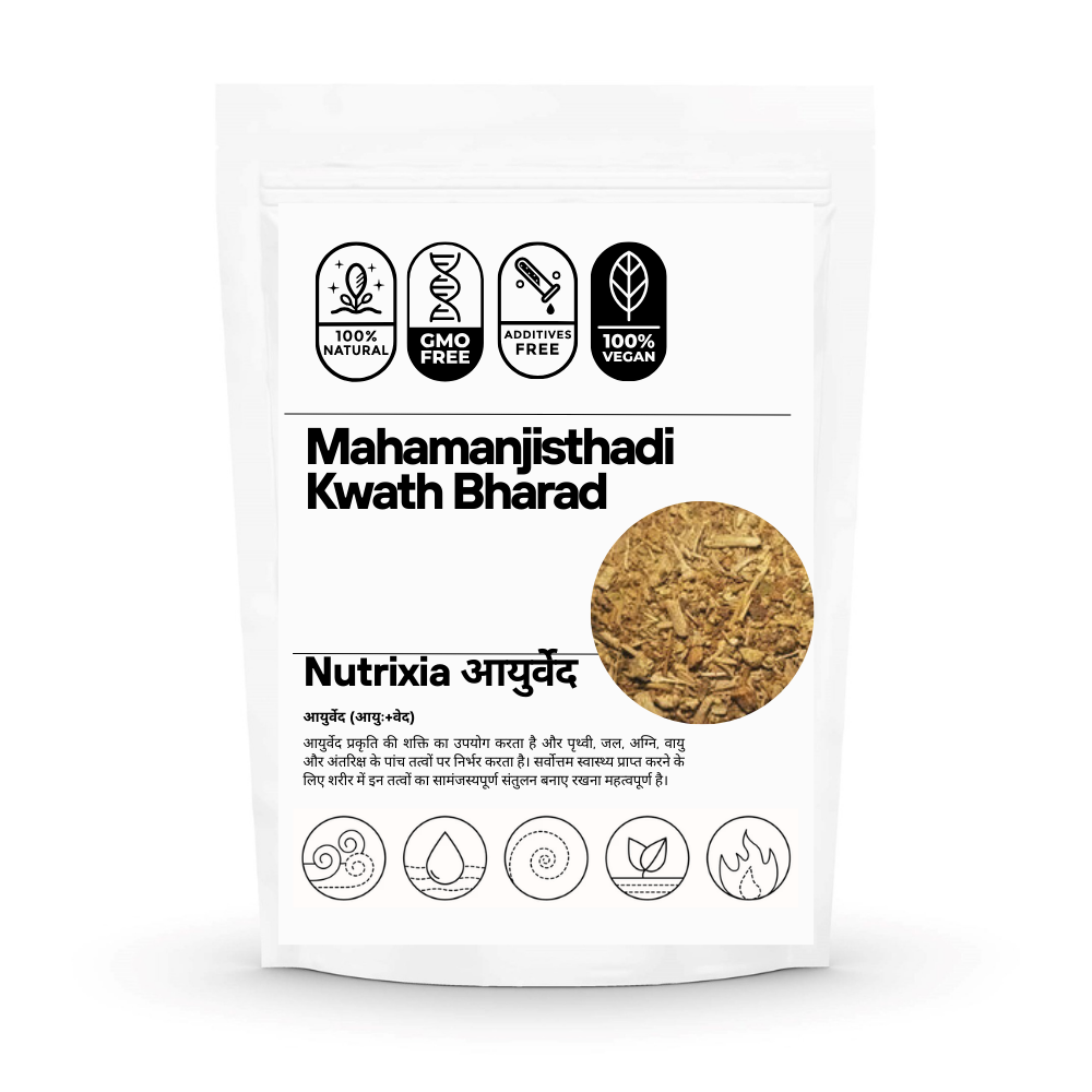 Mahamanjisthadi Kwath Bharad Nutrixia FoodMahamanjisthadi Kwath Bharad Manjistha (Rubia cordifolia)  Triphala  Tikta (Solanum indicum)  Vacha (Acorus calamus)  Nisa (Curcuma longa)