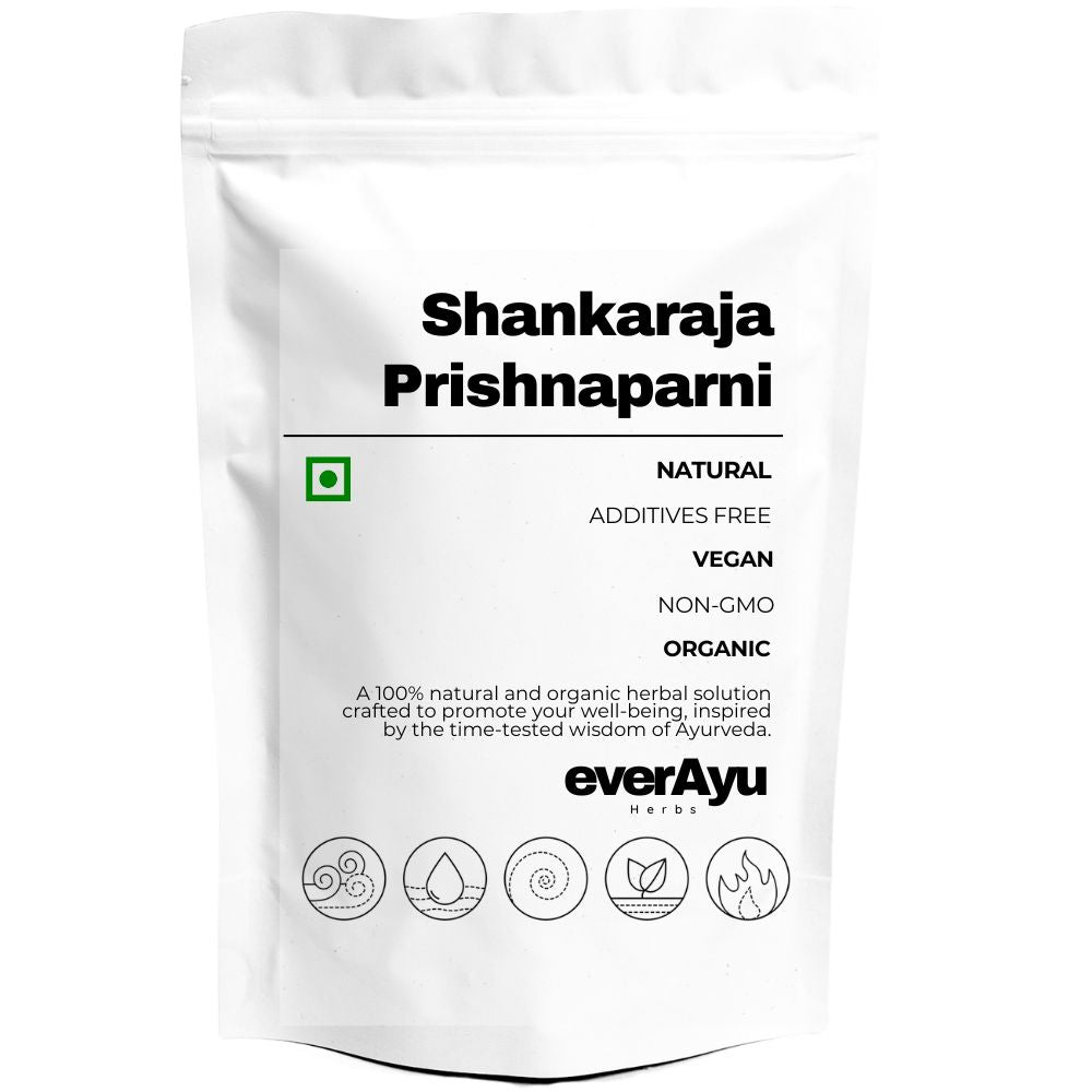 Prishnaparni, also known as Shankaraja or Pitvan, is scientifically called Uraria picta or Hedysarum pictum. In Hindi it’s प्रिस्निपर्णी or पितवन, in Tamil பிரிஷ்னபர்ணி, in Telugu ప్రిష్ణపర్ణి, in Gujarati પ્રિસ્નિપર્ણી, and in Sanskrit प्रिस्निपर्णी. In English, it is called Uraria Root or Prishnaparni Root. Traditionally, it is one of the ten roots (Dashamoola) in Ayurveda, valued for supporting strength, vitality, and rejuvenation.