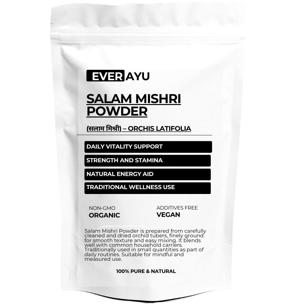 salam mishri powder, salab misri churna, salap mishri powder, ayurvedic vitality herb, herbal tonic powder, orchis latifolia churna, rejuvenating powder