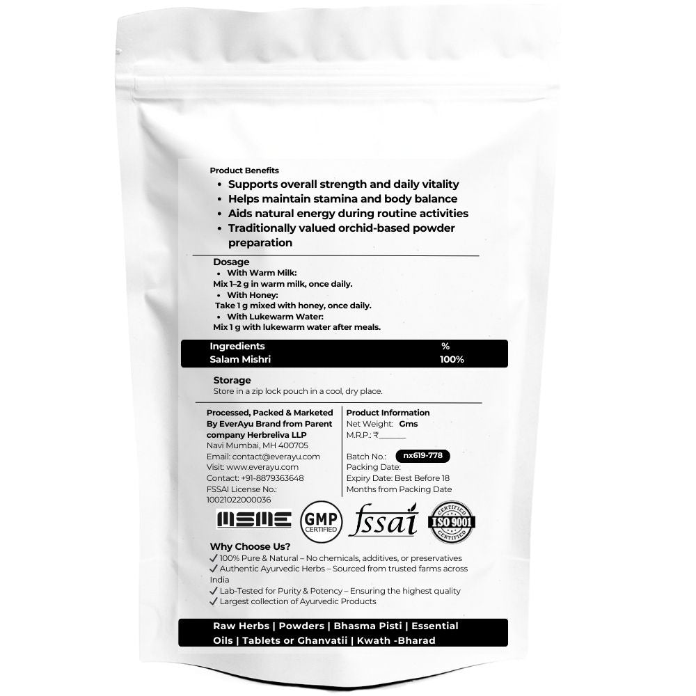 salam mishri powder, salab misri churna, salap mishri powder, ayurvedic vitality herb, herbal tonic powder, orchis latifolia churna, rejuvenating powder