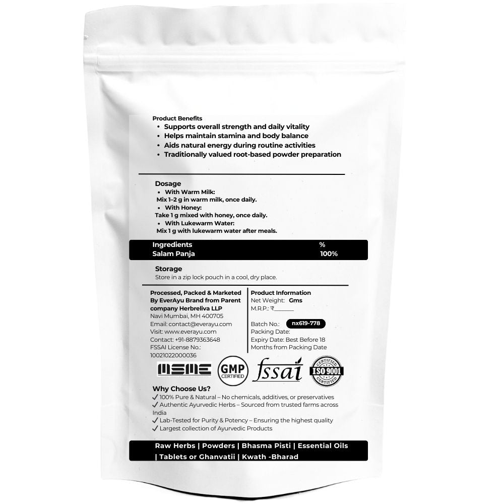 buy salam panja powder, salab punja churna benefits, marsh orchid powder uses, ayurvedic vitality herb, orchis mascula powder, herbal rejuvenating churna, natural strength powder