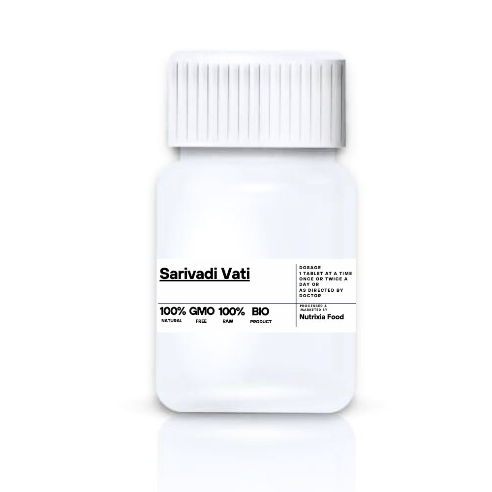 Sarivadi Vati    Key Ingredients Swet Sariva, Mulethi, Pushkar mool, Dalchini, Laghu Elaichi, Tejpatra, Nag Keshar, Priyangu Phool, Nilophar, Giloy, Lavang, Harad, Amla, Baheda, Abhrak Bhasma, Louh Bhasma, Arjun Kwath, Jav Kwath, Makoy Juice, Gunja Jad Juice and Bhringraj Swaras as a combination of ingredients