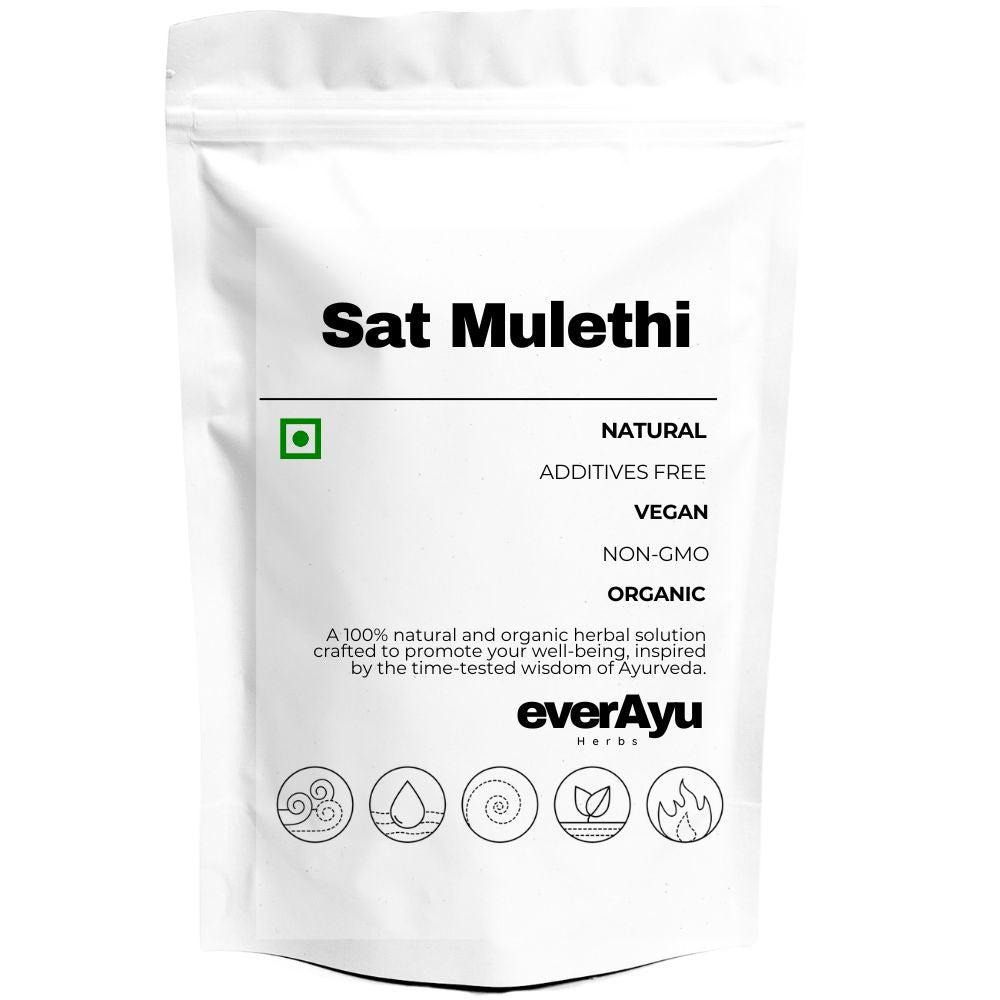 Sat Mulethi, also known as Rabbesoos, Rubulsus, or Liquorice Extract, is the concentrated form of Glycyrrhiza glabra (Mulethi). In Hindi it is called मुलेठी, in Gujarati it’s Jethimadh, Tamil – Athimathuram, Telugu – Yashtimadhu, Malayalam – Athimadhuram, and in English it is known as Licorice or Liquorice. This Ayurvedic herb is traditionally used for promoting throat comfort, rejuvenation, and overall balance.