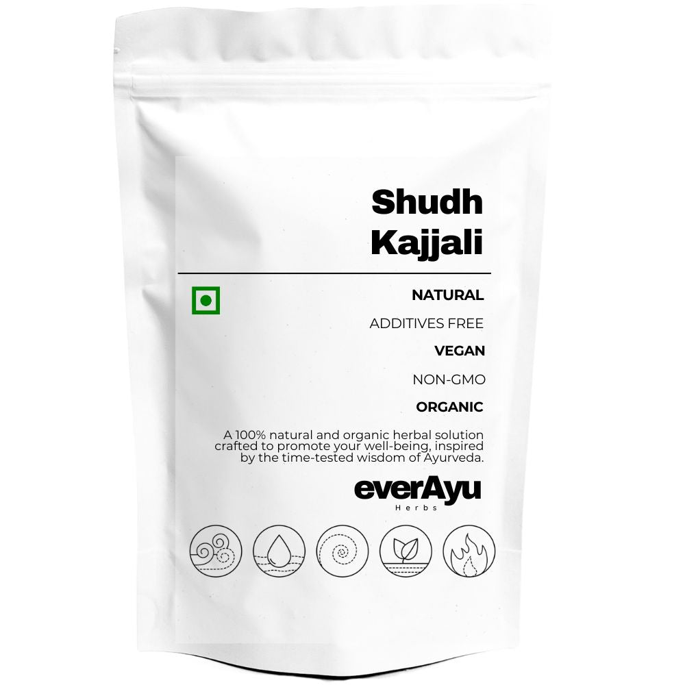 Shudh Kajjali – also known as Kajjali, Kajli, Kajalee, Shuddha Kajjali, Kajjal, Kajjali Churna – a traditional Ayurvedic formulation prepared by purification and blending of natural elements for vitality, balance, and rejuvenation.