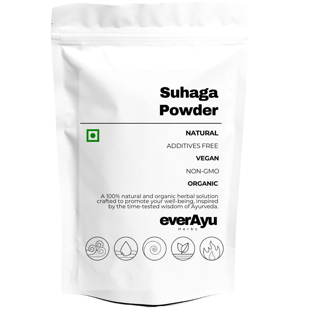 Suhaga Powder, also known as Borax Rock Powder, Tankan Churna, Sodium Borate, Tincal, सुहागा, ಟಂಕಣ, சுஹாகா, సుహాగా, and ਸੋਹਾਗ — is a natural mineral widely used in Ayurveda, Unani, and traditional home care. Scientific name: Sodium Tetraborate Decahydrate (Na₂B₄O₇·10H₂O). Known for its natural cleansing, deodorizing, and purifying qualities.