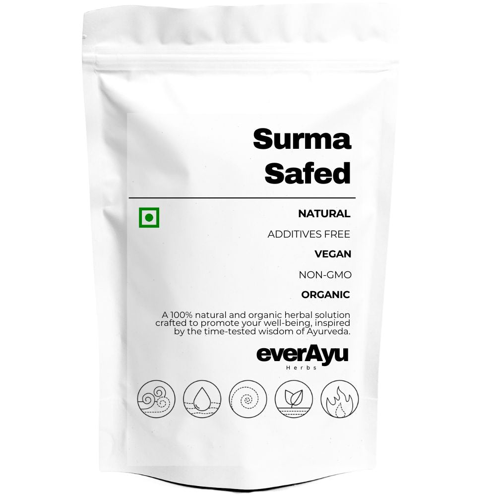 Surma Safed, also known as White Surma, Safed Soorma, सुरमा सफेद, வெள்ளை சுர்மா, తెలుపు సుర్మా, ಬಿಳಿ ಸೂರಮಾ, and White Mineral Surma, is a traditional mineral-based powder used for centuries in cultural and external care rituals. It is naturally derived, purified, and valued for its smooth texture and traditional importance.