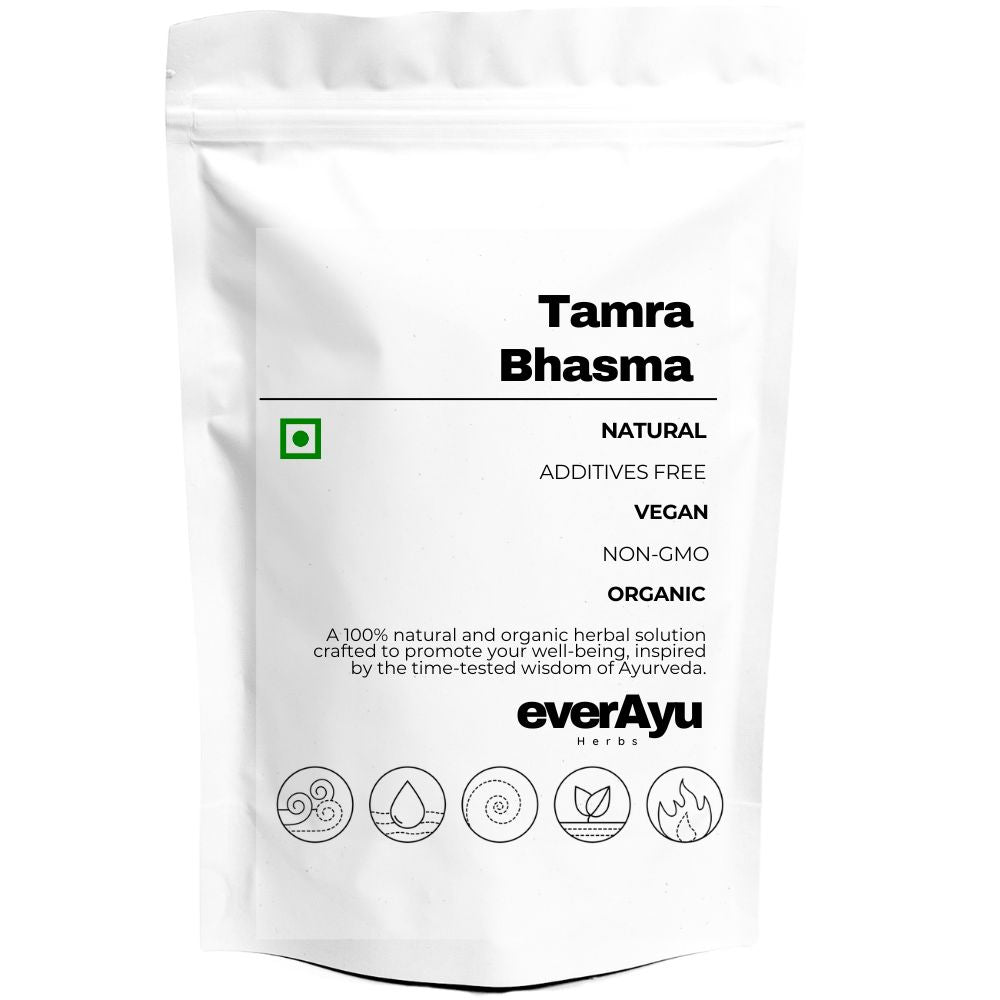 Tamra Bhasma, also known as ताम्र भस्म, Ayurvedic Copper Calx, Copper Ash, தாமிர பஸ்மம், రాగి భస్మం, is a classical Ayurvedic formulation made from purified copper (Tamarindus indica). It is traditionally prepared through multiple heating and purification cycles to obtain a fine, bioavailable powder known for supporting strength, rejuvenation, and internal balance in Ayurveda.