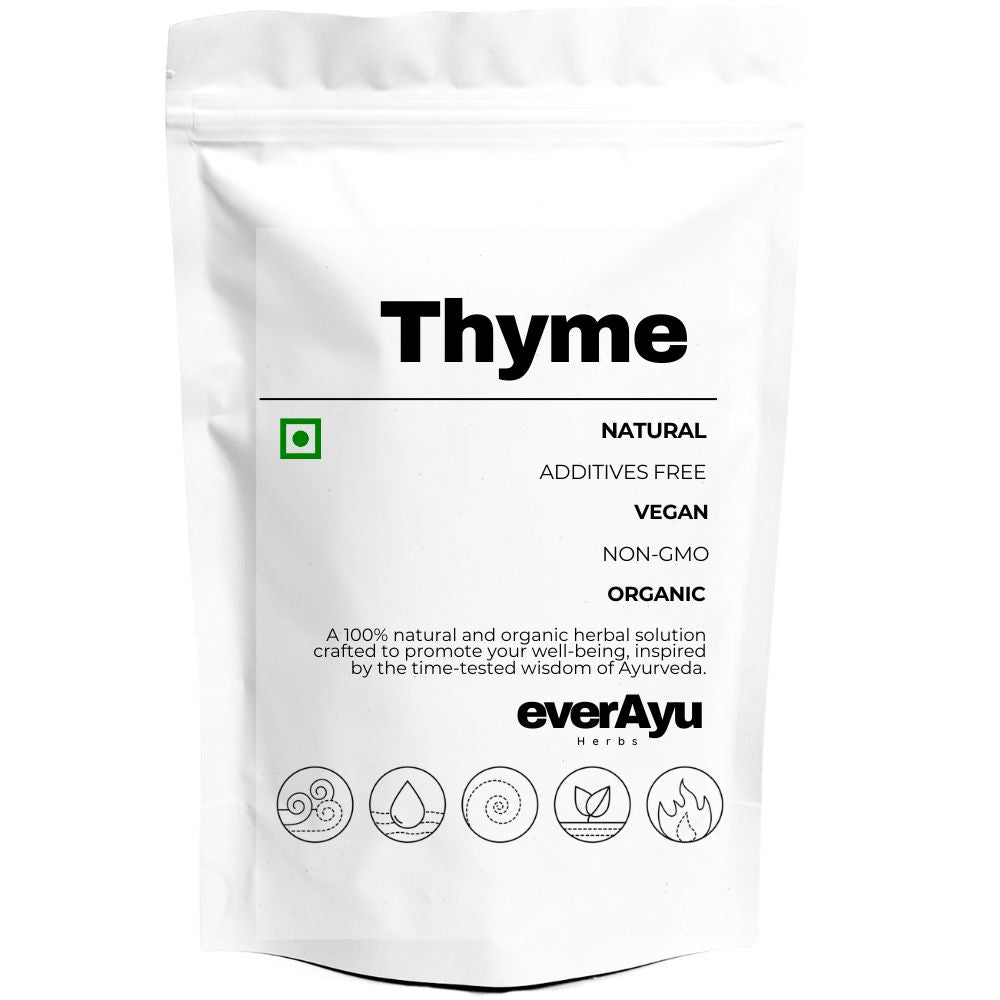 Thyme (Thymus vulgaris), also known as Ajwain ke Phool, is a natural aromatic herb used in cooking and Ayurveda. Known as थाइम (Hindi), தைம் (Tamil), థైమ్ (Telugu), થાઈમ (Gujarati), and थाइम (Marathi), it is valued for its fragrance and balance-enhancing nature in teas, food, and herbal preparations.