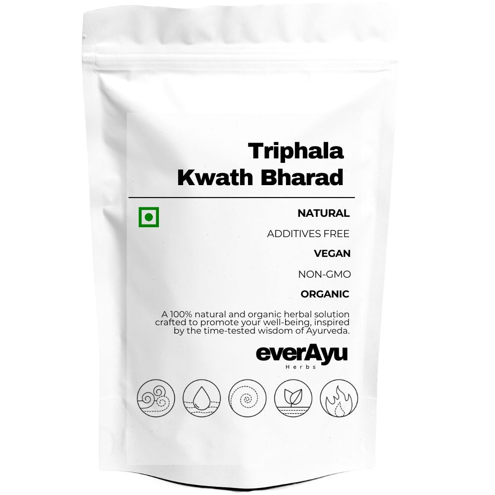 Triphala Kwath Bharad, known as त्रिफला क्वाथ भरड in Hindi, ત્રિફલા ક્વાથ ભરડ in Gujarati, and திரிபலா க்வாத் பொடி in Tamil, is a traditional Ayurvedic decoction mix made from Haritaki (Terminalia chebula), Bibhitaki (Terminalia bellirica), and Amla (Emblica officinalis). Widely used in Ayurveda for its cleansing and rejuvenating properties, Triphala is recognized across India as a natural herbal blend for daily wellness.