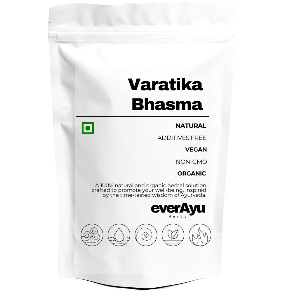 Varatika Bhasma (वर्तिका भस्म), also known as Varatika Calx or Ayurvedic Mineral Ash, is a traditional Ayurvedic preparation made through purification and calcination. Other names include Varthika Basmam (Tamil), Varatika Bhasmam (Telugu), and Varatika Pishti in Sanskrit. Known for promoting strength, vitality, and balance naturally.