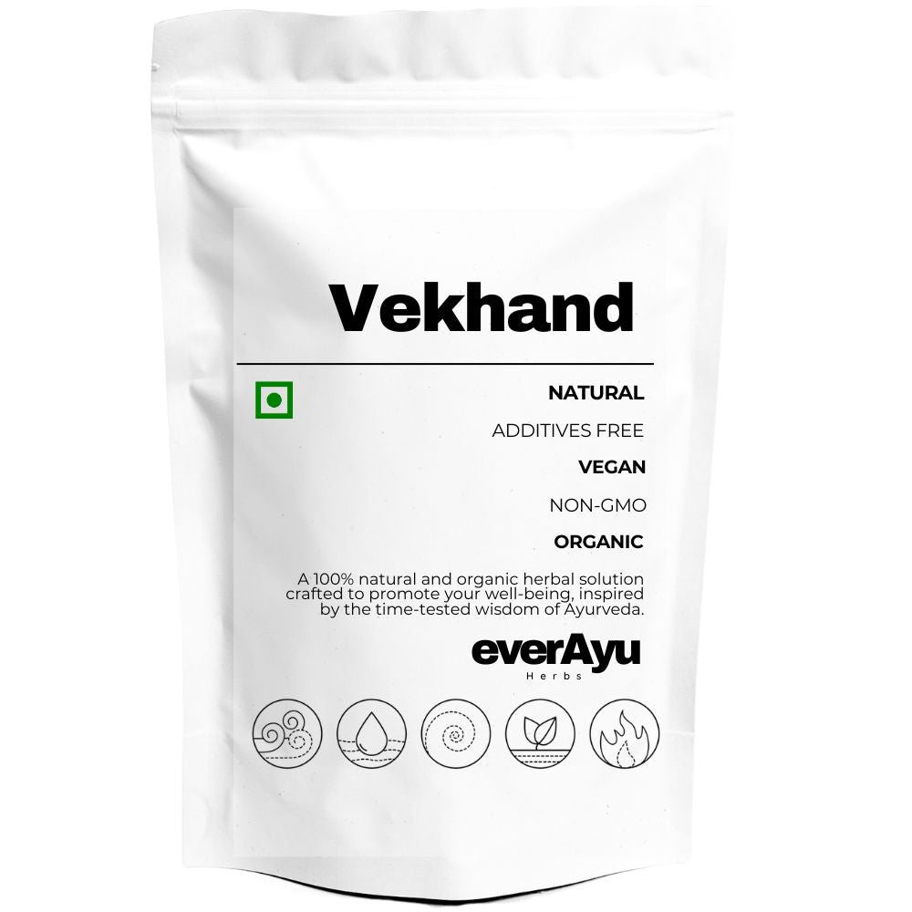 Vekhand (वेखंड), also known as Vacha or Sweet Flag (Acorus calamus), is an aromatic Ayurvedic herb used for promoting clarity, calmness, and balance. Other names include Vasambu (Tamil), Bache (Kannada), Vasanabhuvvu (Telugu), Vashampu (Malayalam), Boch (Bengali), and Sweet Flag Root (English). Traditionally used for wellness and aromatic balance.