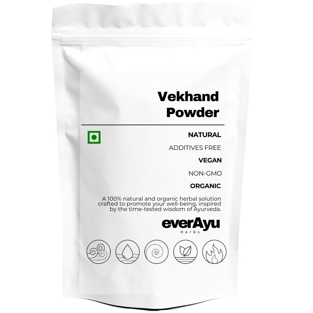 Vekhand Powder (गुदबक चूर्ण), also known as Gudbach, Vach, or Sweet Flag (Acorus calamus), is an aromatic Ayurvedic herb used for promoting clarity, calmness, and balance. Other names include Vasambu (Tamil), Bache (Kannada), Vashampu (Malayalam), Boch (Bengali), and Godavach in Sanskrit.