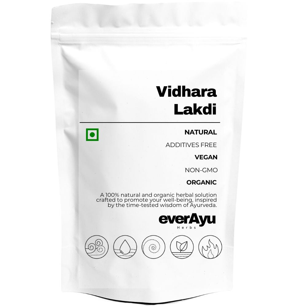Vidhara Lakdi (विदारा लकड़ी), also known as Bidhara Wood or Elephant Creeper (Argyreia nervosa), is an Ayurvedic herb used for vitality and rejuvenation. Other names include Samudraphala (Sanskrit), Pidarai Maram (Tamil), Bidara Chekka (Telugu), and Vidara Vriksham (Malayalam). Traditionally used for strength and balance.