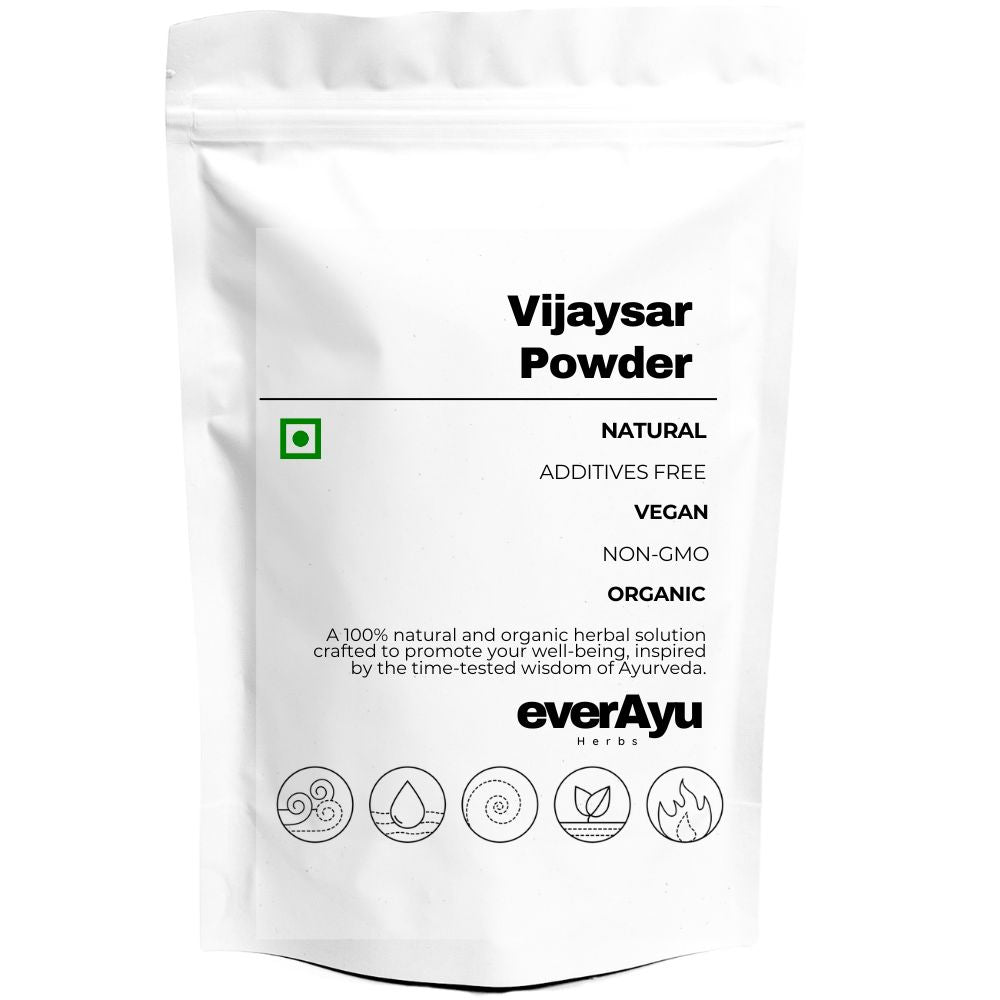 Vijaysar Powder (विजय सार चूर्ण), also known as Malabar Kino or Indian Kino Tree (Pterocarpus marsupium), is an Ayurvedic wood powder known for promoting vitality and balance. Other names include Vijayasara (Telugu), Vikasam Podi (Tamil), Bijoysar Gura (Bengali), and Vijayasara Podi (Malayalam).