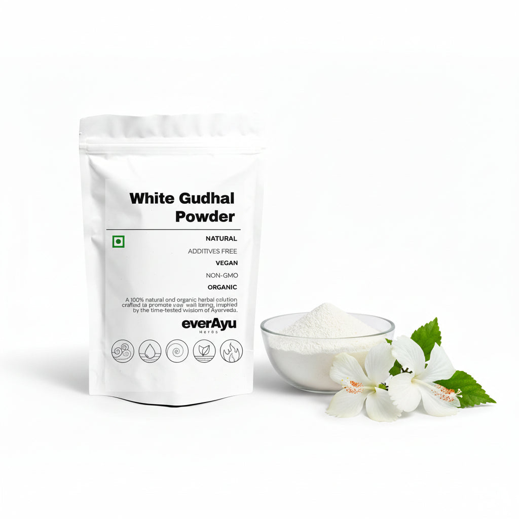 White Hibiscus (Safed Gudhal) flower powder in bowl – natural herbal ingredient for hair and skincare
