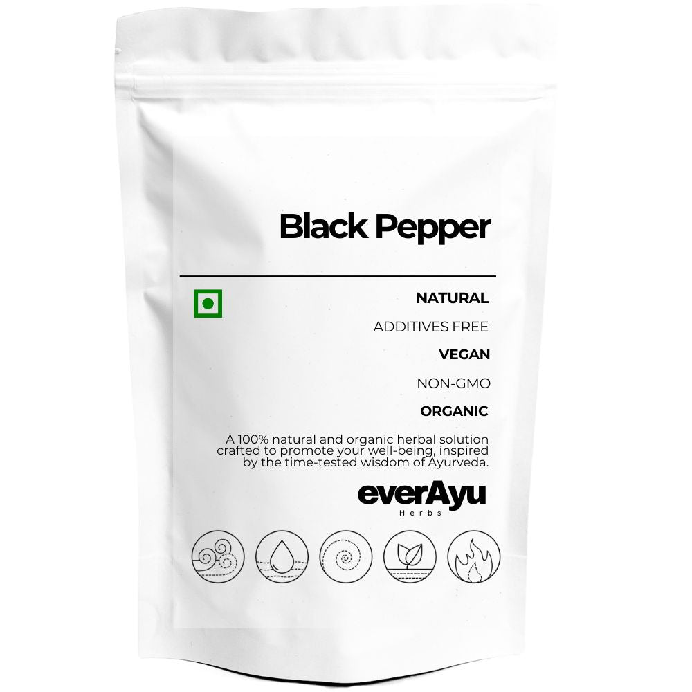 Black Pepper (Kali Mirch / Piper nigrum) – 100 % natural Ayurvedic spice known for flavor, warmth, and digestive support in traditional Indian cooking.