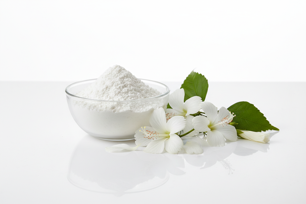 on white background and white table show White Gudhal Powder kept in transparent bowl and besides  Jaswand or Safed Hibiscus flowers 