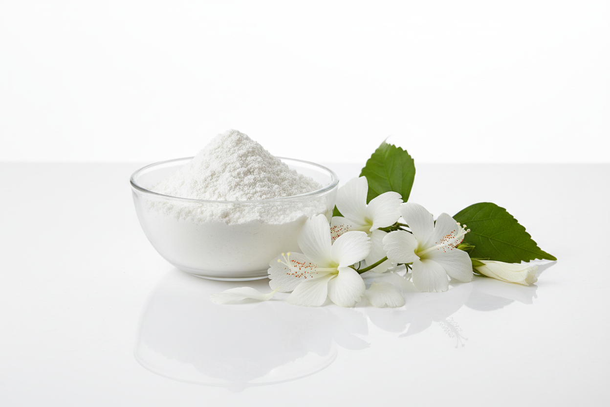 on white background and white table show White Gudhal Powder kept in transparent bowl and besides  Jaswand or Safed Hibiscus flowers 