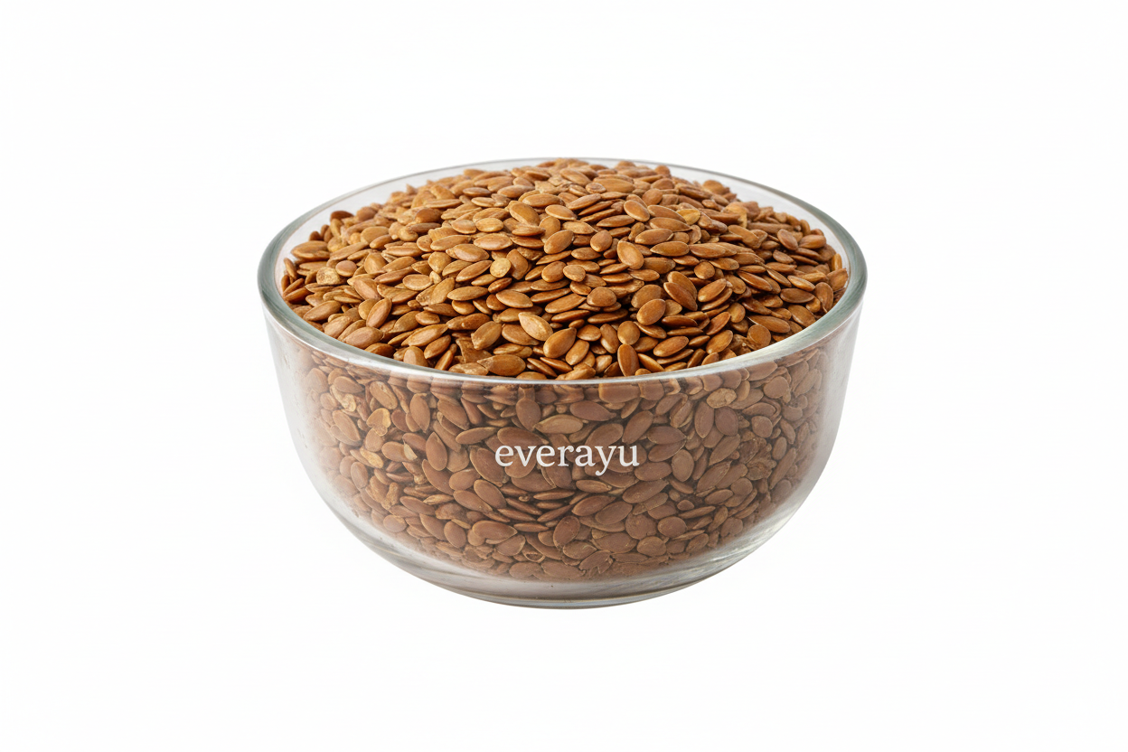 show complete transparent background and Roasted flax seed kept in transparent bowl and  everayu written on it should be small and in curve mode that its printed on bowl