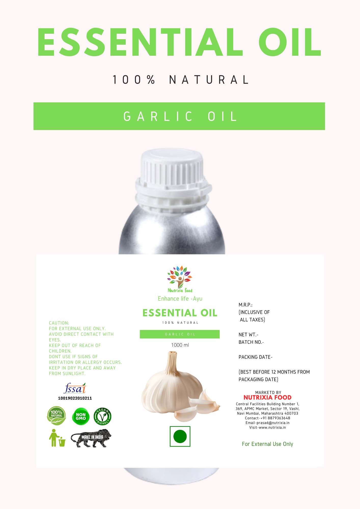Garlic Oil - 1 Liter -Nutrixia Food